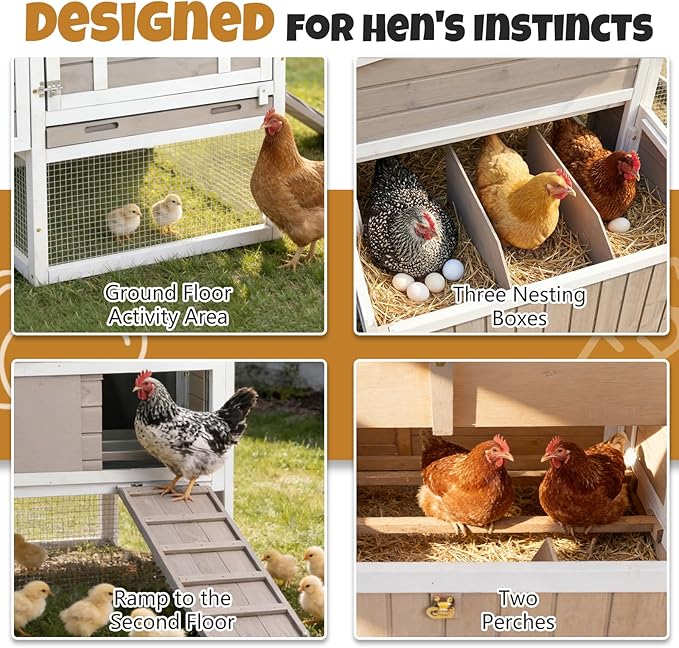 2-Story Wooden Chicken Coop, Outdoor Poultry House with Removable Leak-Proof Tray, 3 Nesting Boxes, 2 Perches Ventilation Metal Mesh, Rabbit Hutch for Small Animals, Backyard, Garden