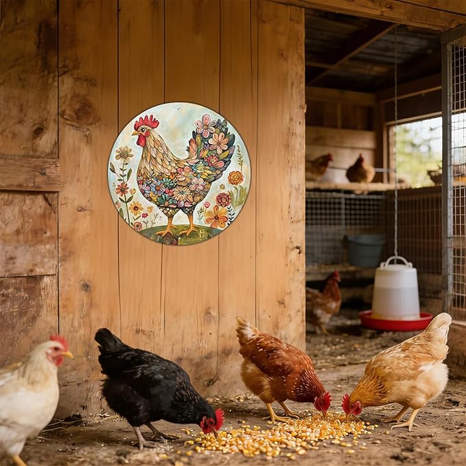 Chicken Coop Hen Round Metal Tin Sign Flower Wreath Wall Decor Farmhouse Outdoor Wall Art Decoration for Chicken Lovers Decor 12 Inch
