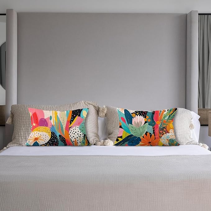 Abstract Boho Floral Pillow Covers 12x20 Set of 2, Maximalist Colorful Flower Botanical Lumbar Throw Pillow Covers for Home Bedroom Living Room, Modern Room Decor