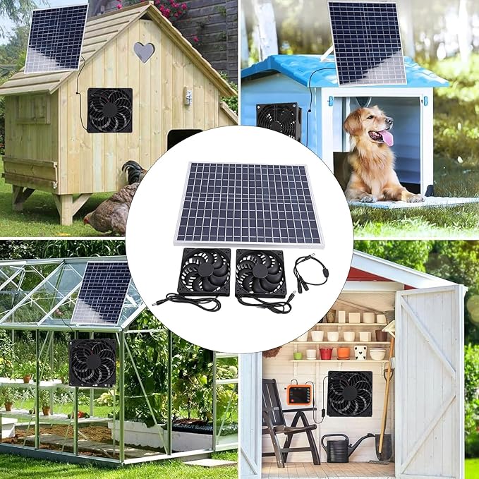Tnfeeon Solar Greenhouse Exhaust Fan Kit, Ventilation Equipment with Two Vent Fans for Chicken Coop Cooling Dog House Shed RV Window Ventilation Powered Attic Doghouse Cabin Air