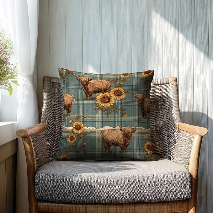 Highland Cow Sunflower Throw Pillow Covers 18x18 Inch, Set of 2 | Rustic Farm Animal Plaid Cushion Cases for Couch & Living Room | Country Farmhouse Home Decor Pillowcases