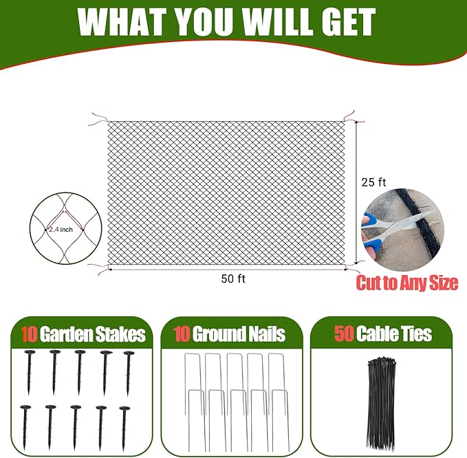 CITOOTY Bird Netting for Chicken Coop Run, 25x50 Ft Heavy Duty Poultry Netting with 2.4" Mesh, UV Resistant Black Net Garden Netting for Fruit Trees, Vegetable Plants, and Yard Protection