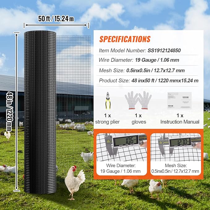 VEVOR Hardware Cloth, 48'' x 50' 1/2inch Galvanized Wire Mesh Roll, 19 Gauge Chicken Wire Fence Roll, Vinyl Coating Metal Wire Mesh for Chicken Coop Barrier, Rabbit Snake Fences, Poultry Enclosures