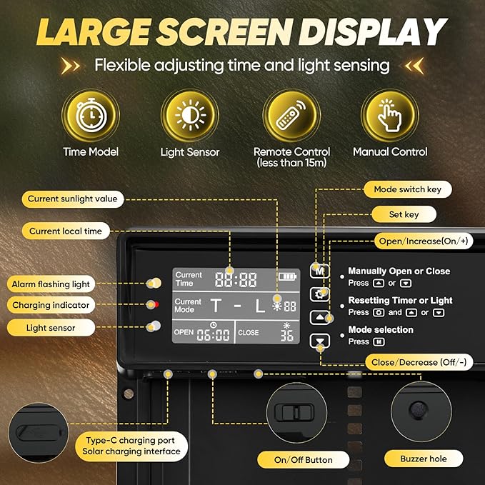 Automatic Chicken Coop Door Solar Powered, Automatic Chicken Door with Timer, Light Sensor, 4 Modes and LCD Display, Aluminum Alloy Auto Chicken Door, Anti-Pinch & Weather Proof
