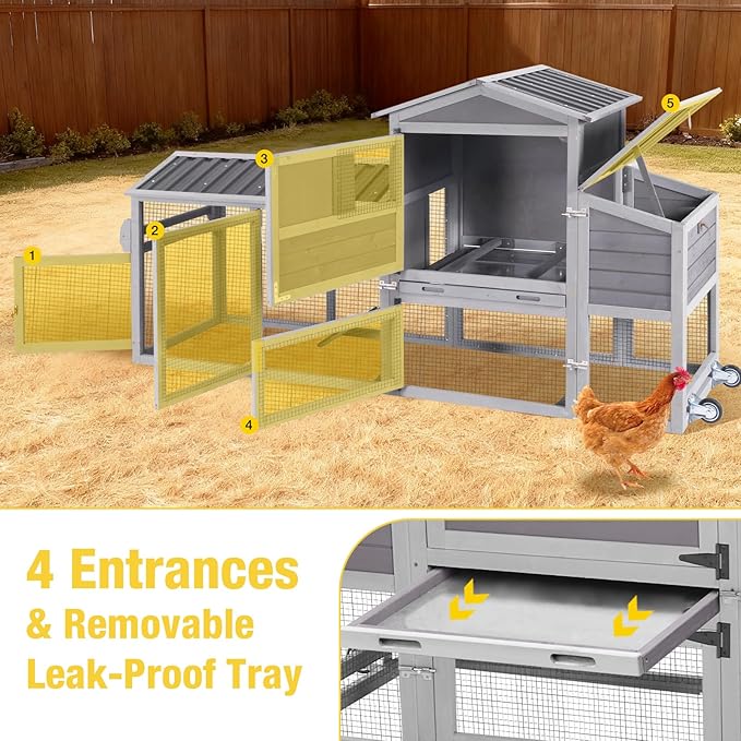 Aivituvin Large Chicken Coop Wooden with Wheels, Mobile Chicken Coop with Nesting Box & Waterproof Asphalt Roof, Expandable Chicken Cage with Run for 2–3 Chickens, Duck House