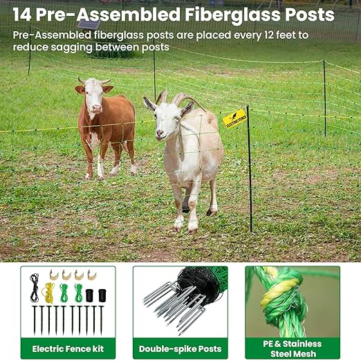Electric Fence Netting, 49.6" H x 164'L Portable Livestock Nets, Electric Fence Kit with 14 Posts Double Spiked, PE Net Fencing for Cattle, Sheep, Goat, Hogs, Used in Backyards, Farms and Ranches