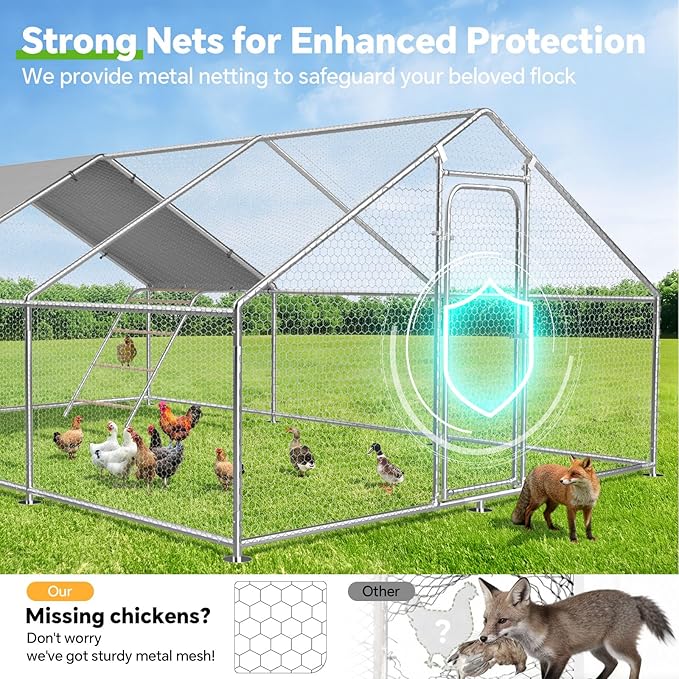 Large Metal Chicken Coop Run with Roosting Perch, Outdoor Waterproof & UV-Resistant Cover for Chickens, Ducks, Rabbits, and Hens in Yard or Farm Use Spire Roof (13.1'Wx19.7'Lx 6.5'H)