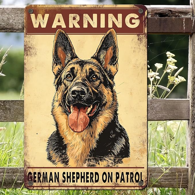 PEACHGARDEN Warning Vintage Metal Sign German Shepherd Signs Warning Beware Dog Tag Funny Plaque for Home Outdoors, Patio, Yard, Porch 8x12inch
