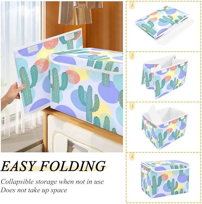 Colorful Cacti Circles Storage Bins with Lids Foldable Storage Basket with Handles Collapsible Large Fabric Organizer Containers for Clothes Shelves Closet Office Home