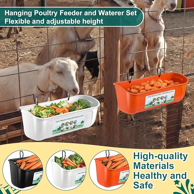 9 Pack Chicken Duck Feeder Waterer Hanging Goat Feeder Trough 2.5 Quart Livestock Feeding Trough with Scoop & Brush for Pig, Poultry, Fence Feeding, 22.5 Quart Total (White, Orange, Black)