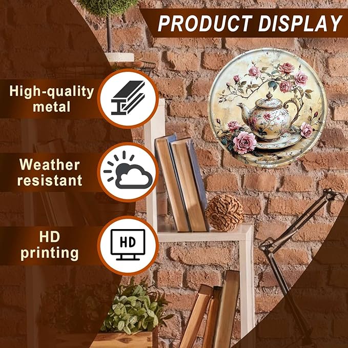 Tea Round Metal Tin Sign Wreath Vintage Farmhouse Rustic Wall Art Decor for Kitchen Porch Garden Yard Outdoor Decor 8x8inch