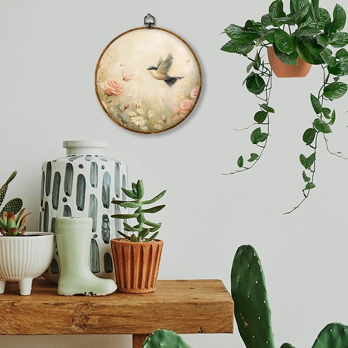 Hiuwevt Rustic Floral Hummingbird Round Wall Art Decor, Vintage Flower Shrubs Bird Hanging Canvas Prints Artwork Framed, Cottagecore Nature Circular Wall Decor for Home Room, 10x10 Inch