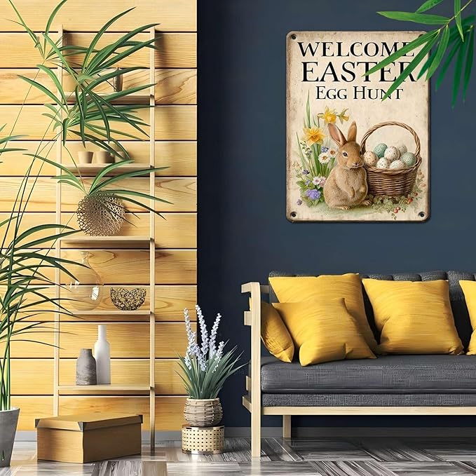 Easter Bunny Vintage Tin Sign Welcome To Our Egg Hunt Metal Sign Suitable For Gardens, Homes, Apartment Walls 12X16Inch