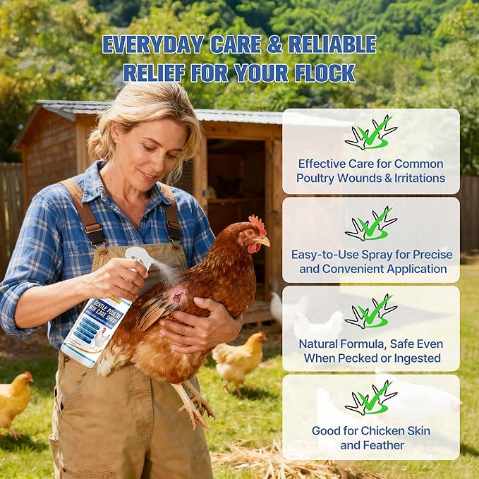 Poultry Care Spray – Chicken Wound Spray for Pecking Sores, Foot Injuries, Bumblefoot, Vent Prolapse, Minor Cuts & Irritations, Safe Wound Care for Chickens, Ducks, Turkeys & Geese, Easy to Use, 10 oz