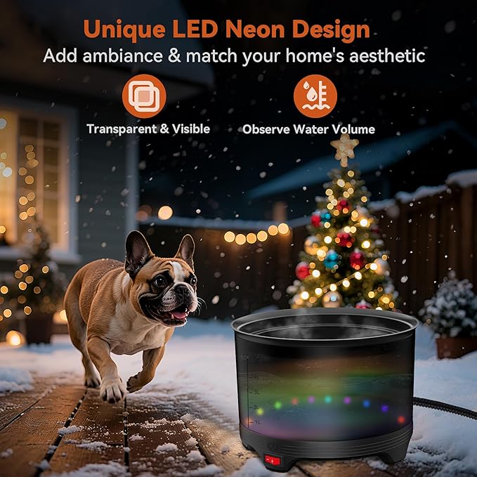 5.5L Heated Water Bowl, 1.45Gal Winter Large Heated Dog Bowls for Outside, Outdoor Waterproof Heat Pet Water Bowl with Chew Resistant Power Cord & LED Neon for Dogs/Cats/Chickens/Ducks