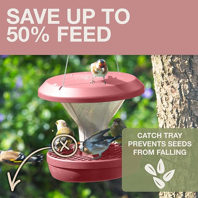 SWISSINNO Bird Feeders - No Mess Hanging Bird Feeder for Outdoors - Smart Birds Davos Spill Proof Wild Cardinal & Small Bird Feeder with Integrated Seed Catcher Tray - Dual Chamber - Dusty Rose