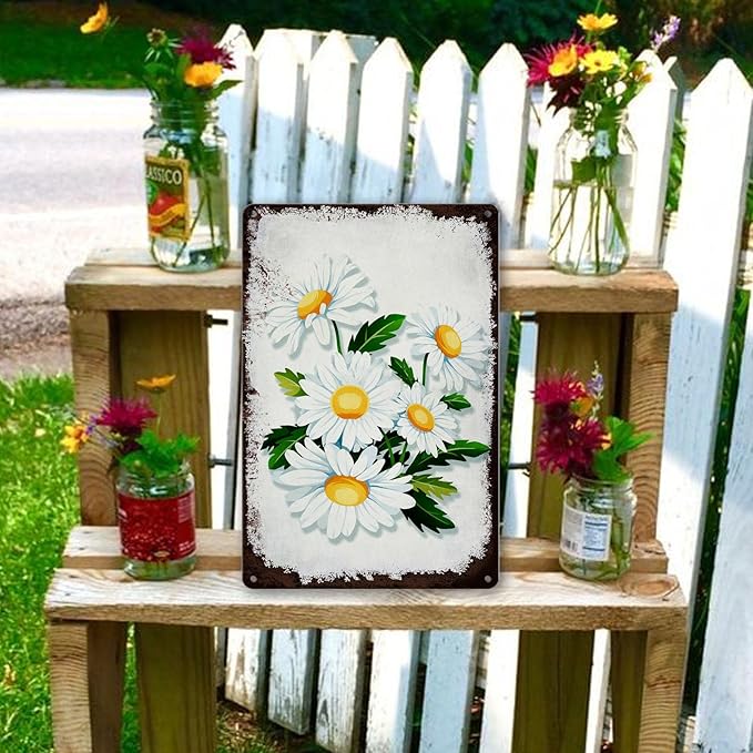 LZHQMI Vintage Tin Signs Flowers White Daisy Metal Wall Art Retro Flower Sign Wall Decor Kitchen Metal Tin Signs Cute Daisy Bathroom Wall Decorative Garden Signs Home Gift 8x12 Inch