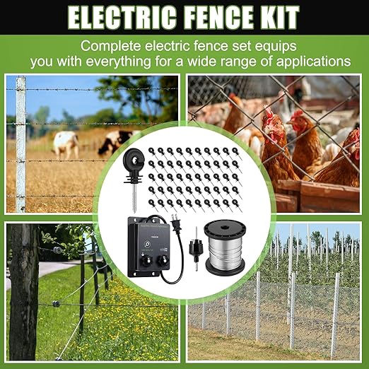 2-Mile 5000V 0.1Joule Electric Fence for Preventing Animals Intruding, 50 Black Fence Insulator and 1 Socket Tool, 250ft Aluminum Wire for Electric Fencing Grid System Accessories