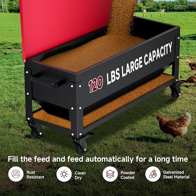 Heavy Duty Chicken Feeder 120 lbs Large Capacity, Metal Automatic Poultry Feeding Box with Waterproof Lid, Raised Standing Feeder with Wheels for Hens & Roosters, Portable & Easy to Move