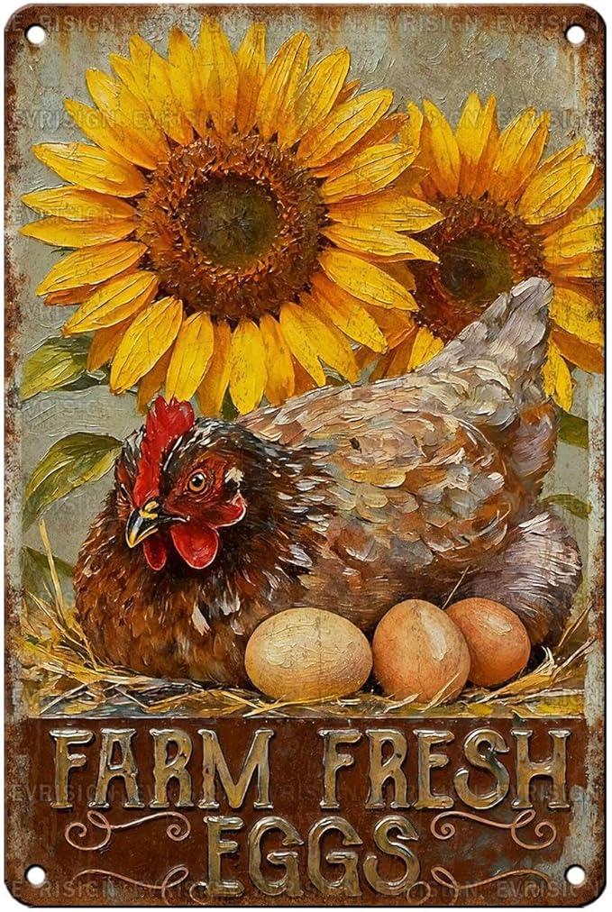 Farm Fresh Eggs Tin Sign Vintage Chicken Hen Rooster Sunflower Metal Sign Nostalgic Rustic Chicken Lovers Wall Decor Decorations for Home Farmhouse Poultry House Coop Yard Kitchen 12 * 8In