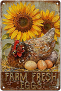 Farm Fresh Eggs Tin Sign Vintage Chicken Hen Rooster Sunflower Metal Sign Nostalgic Rustic Chicken Lovers Wall Decor Decorations for Home Farmhouse Poultry House Coop Yard Kitchen 12 * 8In