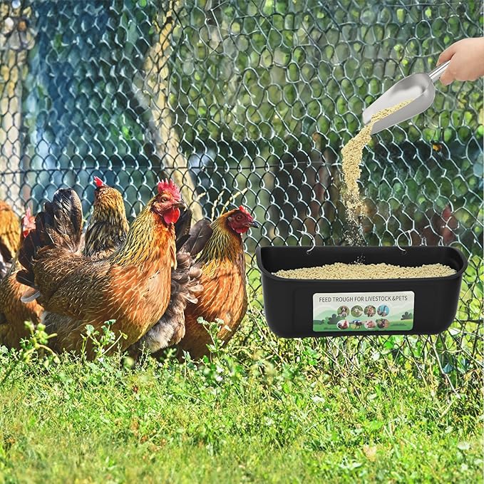 10 Pack Fence Feed Feeder 4.5 Quart Hanging Chicken Feeder Trough with Brush & Scoop Black Goat Hanging Fence Feeders Feeder with Hooks Screws & Zip Tie for Livestock Feeding Container Goats Supplies