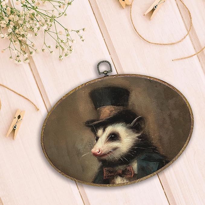 Hxlac Vintage Opossum Oval Wall Art Framed, Dark Moody Opossum Oval Wall Decor, Rustic Farm Animal Hanging Canvas Prints Wall Sculptures for Home Living Room Bedroom Decor, 11.5x8.5 Inch