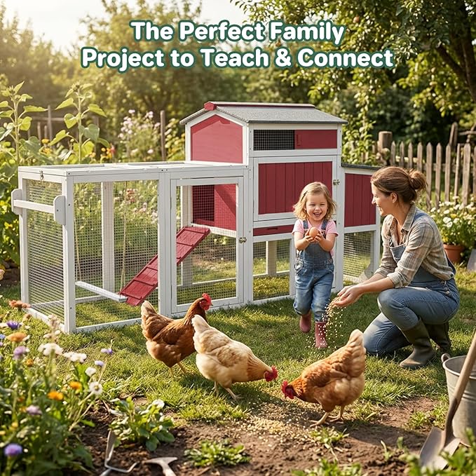 Chicken Coop with Wheels, Weatherproof Mobile Hen House Chicken Tractor with Run, Nesting Box, Roosting Bars, Pull-Out Tray, Asphalt Roof & Fun Swing for Chickens Quails, Backyard Use
