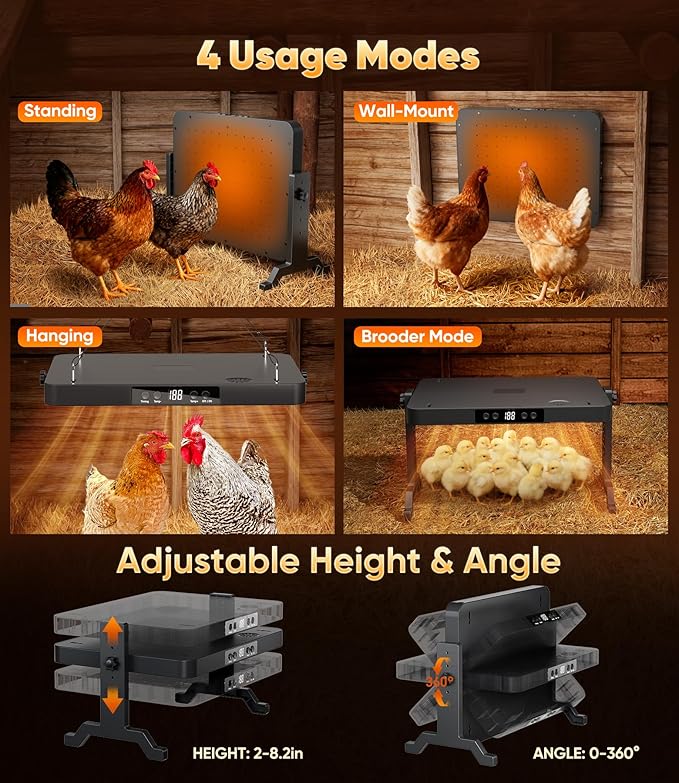 Smart Brooder Heating Plate, 2-in-1 Chicken Coop Heater & Chick Brooder, 200W Rapid Radiant Heat with Adjustable Temp 86~194℉ & Timer & Height & Angle, Peck-Resistant Power Cord, ETL/UL Certified Safe