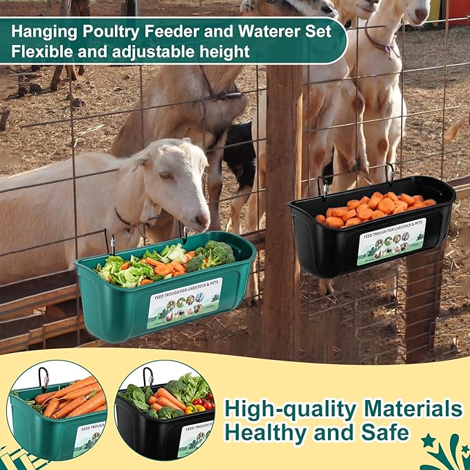 9 Pack Chicken Duck Feeder Waterer Hanging Goat Feeder Trough 2.5 Quart Livestock Feeding Trough with Scoop & Brush for Pig, Poultry, Fence Feeding, 22.5 Quart Total (Green,Black)