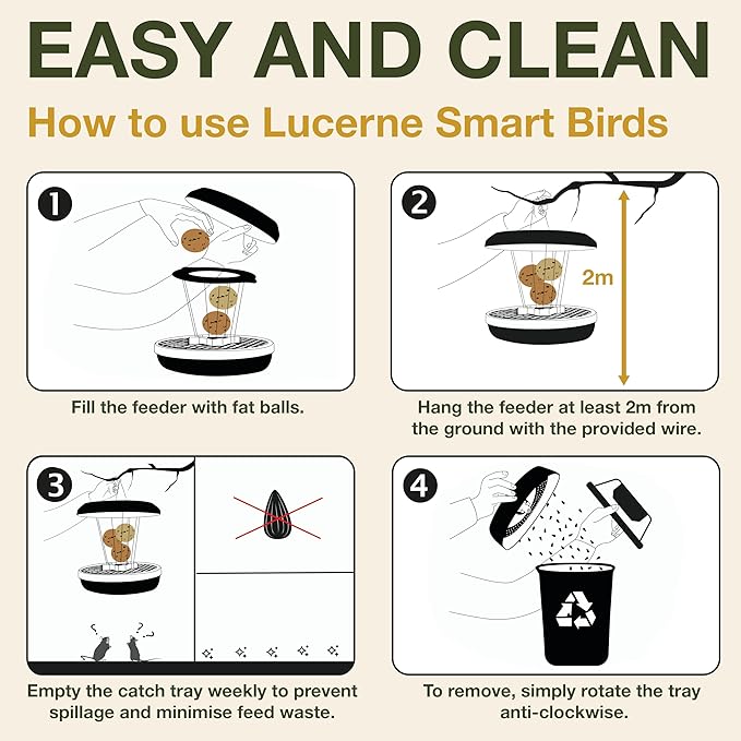 SWISSINNO Bird Feeders - No Mess Fat Ball/Suet Feeder for Outdoors Hanging - Smart Birds Lucerne Spill Proof Wild Cardinal Bird Feeder with Integrated Seed Catcher Tray - Light Grey