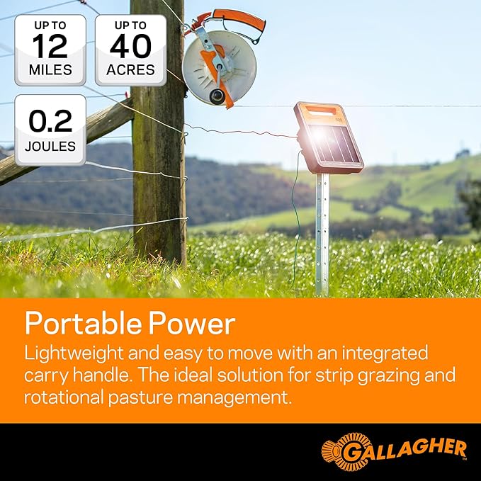 Gallagher S20 Solar Electric Fence Charger with 3,280 Ft Poly Wire | Complete Electric Fence Kit for Livestock, Gardens, and Predator Control | Solar Powered Energizer with Polywire Rolls