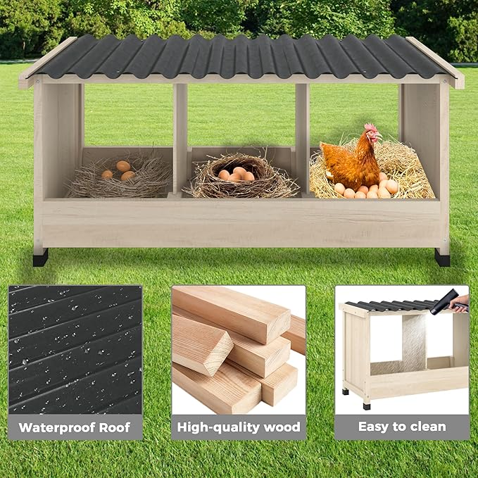Chicken Nesting Box, 3 Holes Wooden Nesting Box, Hens-Wall Mounted or Floor Use, Chicken Coop Accessorie with PVC Roofing, Preventing Egg Falls, Easy to Assemble, Backyard and Farms