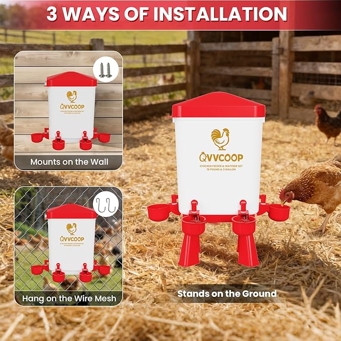 Automatic Chicken Feeder and Waterer Set, Poultry Feeding Equipment for Duck Turkey, Chicken Coop Accessories, Standing/Hanging Use, 3 Gallon Set, Red
