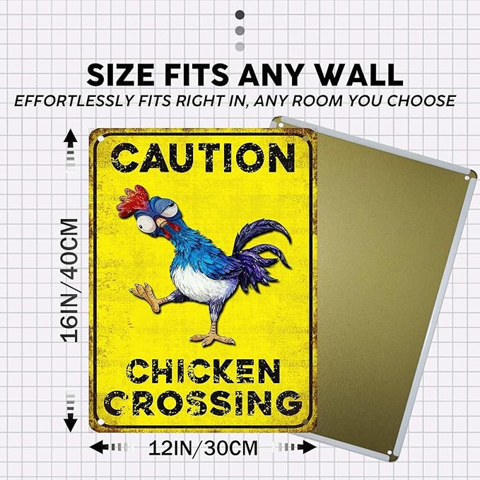 Vintage Chicken Tin Sign Caution Chicken Crossing Retro Coop Metal Sign Funny Nostalgic Rustic Wall Decor For Farmhouse Farm Outdoor Poultry House Yard Garden Kitchen Cafe 16 * 12In