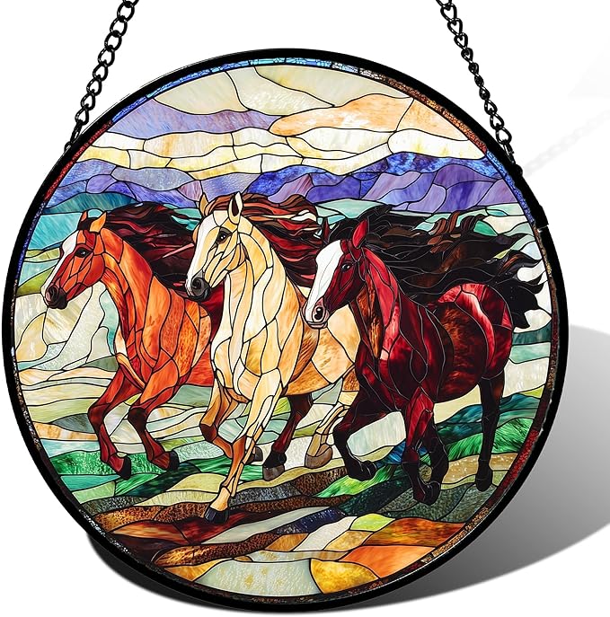 Stained Glass Window Hanging, Galloping Horses Sun Catcher for Door Home Decor Colorful Suncatcher Christmas Mother's Day Birthday Gifts for Women Men Mom and Nana 7.8 in