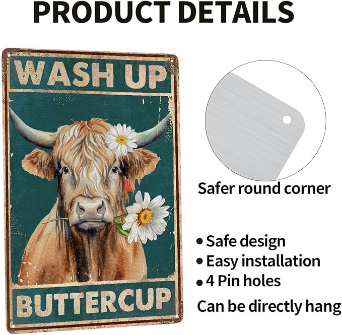 Highland Cow Vintage Metal Poster Wash Up Buttercup Sign Decor-Retro Funny Cow Wall Art Metal Tin Sign Bathroom Home Hanging Decor Funny Toilet Metal Sign Bathroom Wall Art, 12''x 8''