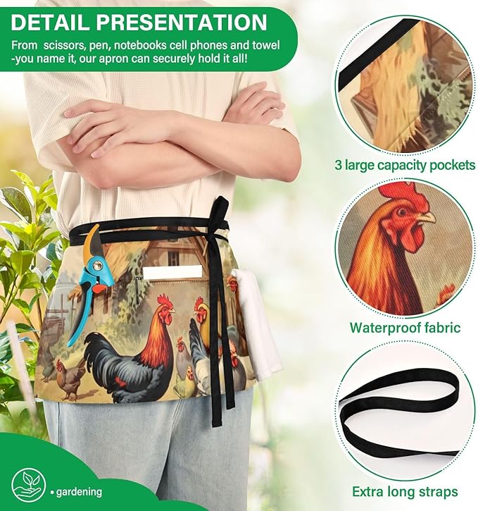 Farm Chickens 3-Pocket Server Apron Professional Waist Apron for Waitress, Bartender & Restaurants, Water-Resistant Half Apron for Men Women