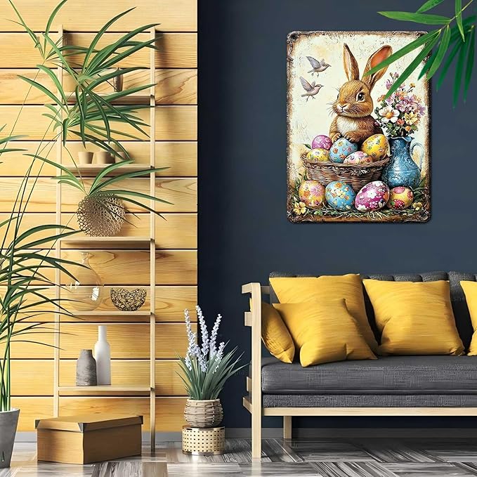 YoyaVex Easter Tin Sign Bunny Room Decor Vintage Metal Wall Art Sign for Home Apartment Wall Garden Bathroom 12X16Inch
