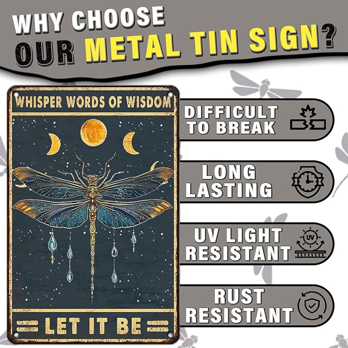 PEACHGARDEN Vintage Dragonfly Metal Sign Whisper Words of Wisdom Poster Dragonfly Wall Decor for Yard Garden Patio Farmhouse Bar Man Cave Wall Decor 8x12inch