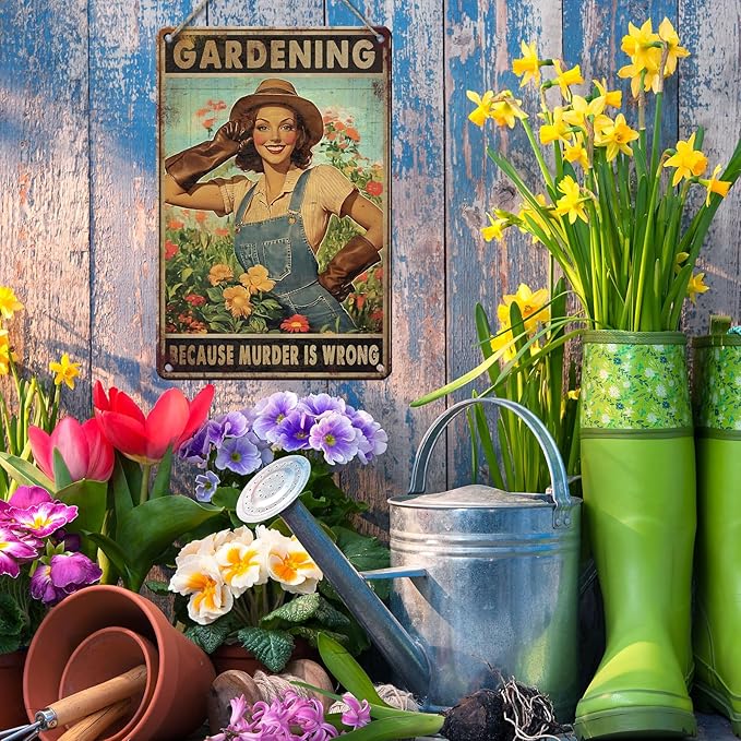 PEACHGARDEN Vintage Garden Sign Gardening Because Murder Is Wrong Retro Rustic Metal Tin Sign Funny Gardening Gift for Women Outdoor Wall Decor for Garden Lovers 8x12inch