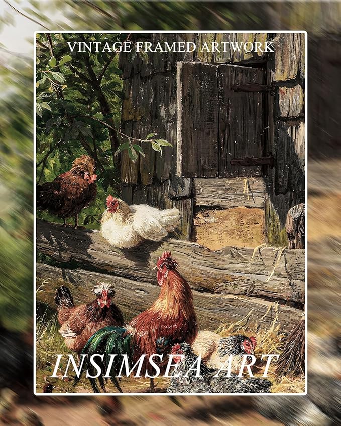 InSimSea Framed Canvas Wall Art - Funny Running Chicken & Chicken Coop - Rustic Farmhouse Painting - Country Wall Prints - Bedroom & Living Room - 8x10in
