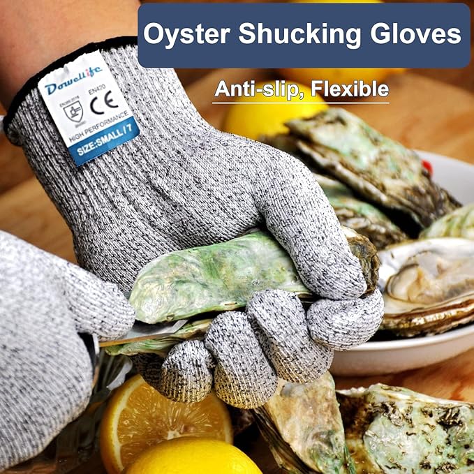 Dowellife Cut Resistant Gloves Food Grade Level 5 Protection, Safety Kitchen Cuts Gloves for Oyster Shucking, Fish Fillet Processing, Mandolin Slicing, Meat Cutting and Wood Carving. (Large-3 Pairs)
