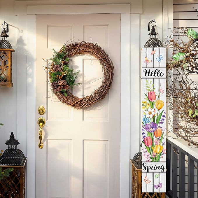 47" Large Spring Porch Sign Tulip Welcome Sign Wooden Tall Spring Porch Decor Leaner Rustic Farmhouse Front Door Decor for Holiday Outdoor Home Yard Entryway Gift