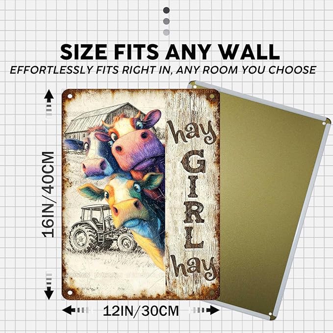 Vintage Cow Tin Sign Hay Girl Hay Retro Metal Poster Rustic Nostalgic Metal Sign Wall Decor For Home Farmhouse Farm Room Cafe Bedroom Office Living Room Man cave 16 * 12In