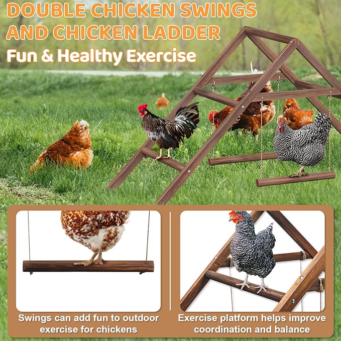 Pine Wood Chicken Perch with 2 Swings & Ladder, Multi-Level Chicken Roosting Bars for Backyard Coop, Roosting Bars for 10–12 Chickens, Easy to Assemble & Clean
