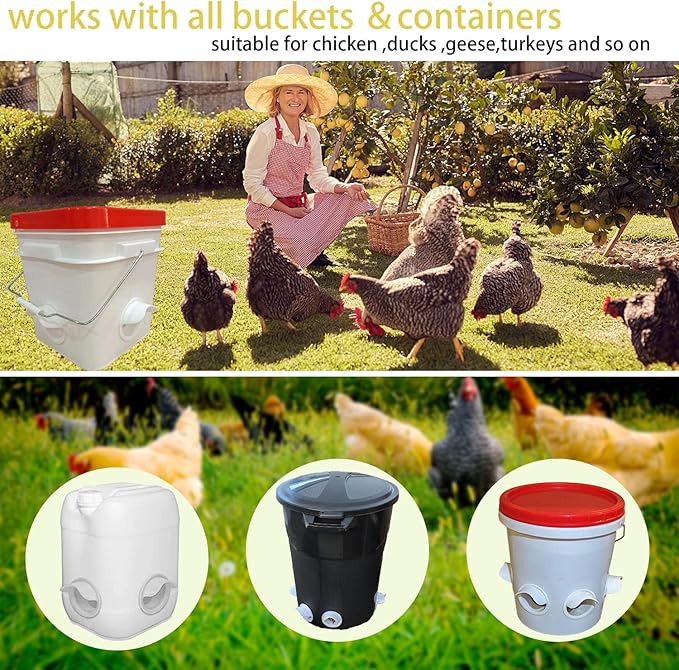 MAFONE DIY Chicken Feeder No Waste,Mess Cups Kit for Gravity Automatic Chickens Bucket Feeder Fit for Buckets, Barrels, Bins,Troughs,Rain Proof Poultry Feeder Port(4 White Ports,1 Hole Saw)