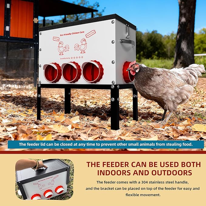 Automatic Chicken Feeder No Waste 50 Pounds 8 Ports Metal Poultry Feeder with Latch & Handle Adjustable Height Heavy-Duty Stand - Outdoor Feeding Station for Chickens, Ducks & Geese(Black-50LB-8Port)