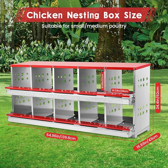 Chicken Nesting Box, 10 Compartment Metal Nesting Boxes for Chickens Laying Eggs, Rust Proofed Nest Box with Roll Away Egg Collection Laying Box for Chicken Coop Red