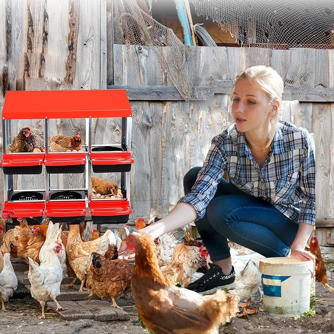 Chicken Nesting Boxes, 8 Holes Metal Chicken Egg Laying Box with Swing Perch and Rollout Egg Collection,for Various Chicken Breeds Without Stand - Red 0.6mm